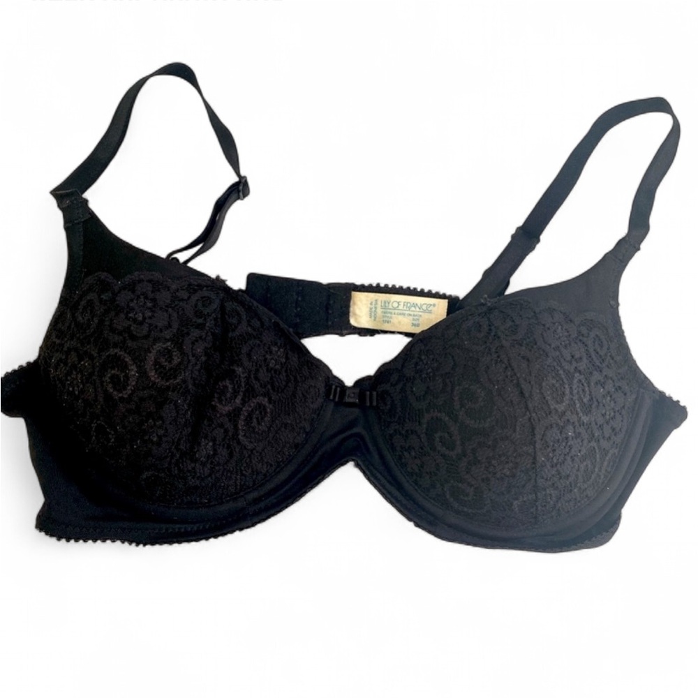 LILY OF FRANCE BLACK LACE PADDED SUPPORT BRA SIZE 34B